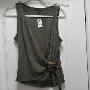 Express Olive Ribbed Wrap Tank with Buckle Detail